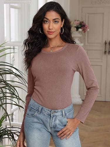 COCOMARTS Womens Long Sleeve Crewneck Knit Basic Tops Loose Casual Shirt 2025 Fall Winter Outdoor Thermal Undershirts Brown Small - Thumbnail 5