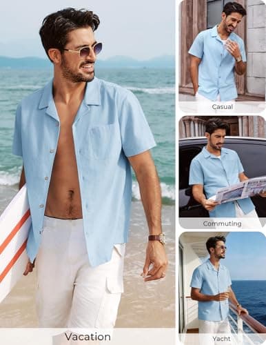 PJ PAUL JONES Mens Casual Button Down Shirts Short Sleeve Cuban Guayabera Shirts Cotton Linen Vacation Collar Untucked Dress Shirt Blue - Thumbnail 4