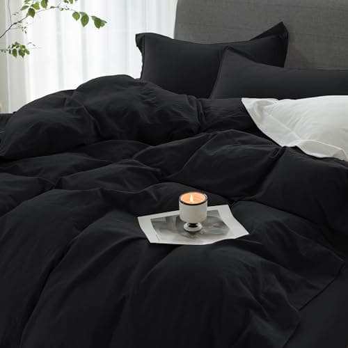 ELIMMO Cooling California King Duvet Cover Set 3 Pieces-100% Washed Cotton with Chic Wide Trim Design Linen Like Textured Ultra Soft Cozy Bedding-Zipper Closure(Hemmed Solid Black,Cal King 104"x98") - Thumbnail 6
