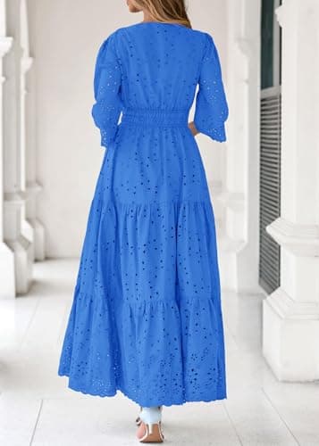 Lazysmile Long Sleeve Dresses for Women V Neck Hollow Out Eyelet Ruffle Swing A-Line Fall Vacation Boho Maxi Dress Dark Royal Blue - Thumbnail 2