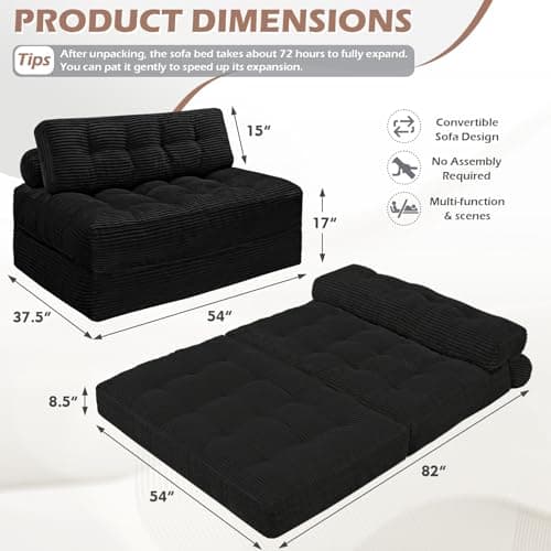 SIMFLAG Folding Sofa Bed, Convertible Sleeper Chair with Pillow & Handle, Foldable Mattress Futon Chair Bed Lounge with Back Support, Comfy Floor Sofa for Living Room Bedroom, Black, Full - Thumbnail 2