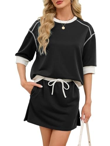 aswulk Womens Sweatsuits 2 Piece Set Crewneck Half Sleeve Sweatshirts Elastic Waist Tops and Skort Skirts Tennis Shorts Sets Black L - Image 1