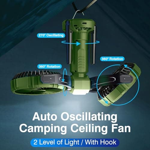 Nauttxon Outdoor Camping Fan With Light - Oscillating 10000mAh Battery Powered Fan For Camping With Hanging Hook For Beach Travel Picnic Fishing Outdoor- Green - Thumbnail 4