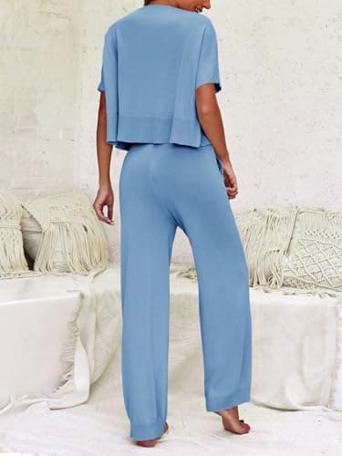 Fisoew Womens 2 Piece Outfits Sweater Sets Knit Split Crop Tops High Waisted Pants Lounge Set - Thumbnail 6