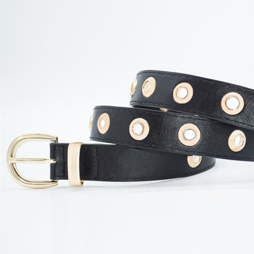 EONTISO Women Studded Leather Belt for Jeans, Punk Gold Grommets, Western Gold Buckle Black M - Thumbnail 5