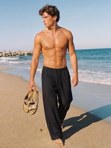 Areant Mens Lightweight Summer Pants Baggy Loose Fit Breathable Casual Sweat Pants Elastic Waist Drawstring for Beach Vacation Lounge Black Small - Thumbnail 5