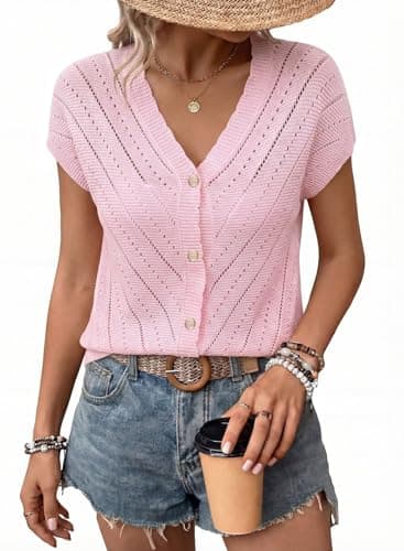 Dokotoo Womens Summer Crochet Tops for Women Short Sleeve V Neck Button Down Lightweight Casual Boho Solid Beach Vacation Clothes Fashion Hollow Out Cruise Outfits Plus Size,Pink X-Large - Image 1