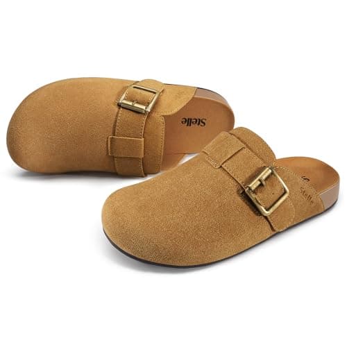 Stelle Suede Clogs for Women Men Potato Shoes with Arch Support Leather Cork Footbed Mules Slip on Home Slippers(Caramel,6) - Image 1