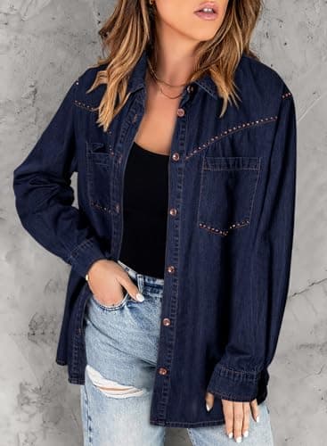 Dokotoo Womens Fashion Casual V Neck Long Sleeve Button Down Denim Shirt Basic Relaxed Fit Western Cowgirl Outfits Chambray Shirt Rhinestone Top Sail Blue Denim Tops Lightweight Jean Jacket Shacket XL - Thumbnail 6