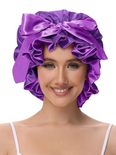 Vettres Cute Adjustable Silk Bonnet for Sleeping Double Layer Satin Cap Hair Sleep Bonnet for Curly Hair Purple - Thumbnail 2