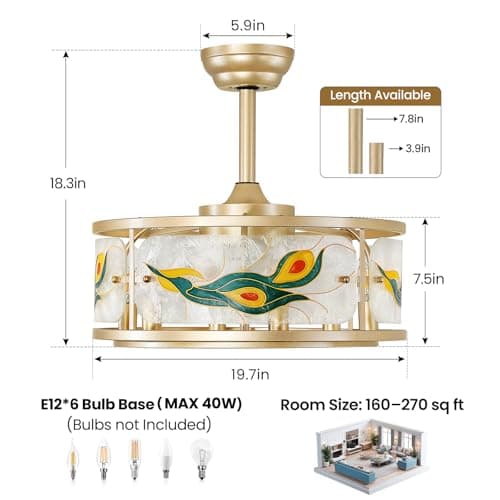 Linour Caged Low Profile Ceiling Fan with Light and Remote, 20'' Gold Small Chandelier Ceiling Fan Light, 6 Speed and Reversible, Fandelier Ceiling Fan with Light for Bedroom Kitchen Dining Room - Thumbnail 5