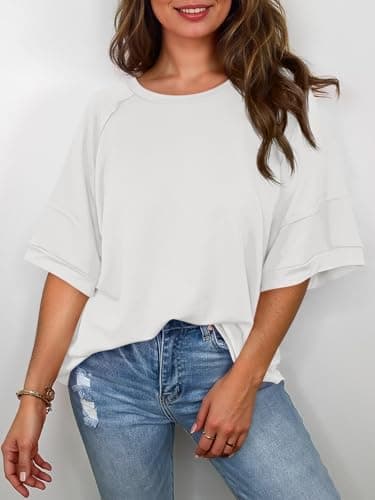 Cicy Bell Womens Oversized T-Shirts Summer Crew Neck Half Sleeve Tunic Tops Casual Loose Fit Basic Tee Shirt White - Thumbnail 2