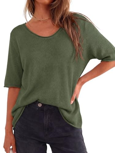 BTFBM Sweaters for Women 2026 Summer Oversized Half Short Sleeve Knitted Pullover V Neck‌ Casual Loose Fit Spring Tops(Army Green, Small) - Thumbnail 2
