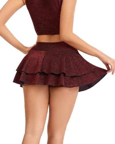 RanZZRan Y2K Women's Sparkly Glitter Ruffle Skort - Metallic Layered Mini Skirt with Shorts for Club, Party, Night Out & Rave - Image 1