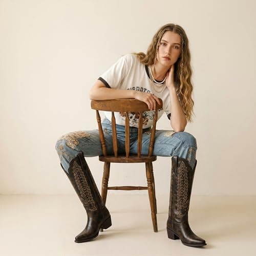 VIUGJNEX Dark Chocolate Brown Cowboy Boots for Women Knee High Western Cowgirl Boots Wide Calf Slip On Chunky Heel Pointed Toe Pull On Tall Boot for Party Concert Retro Classic Size 8.5 - Thumbnail 3