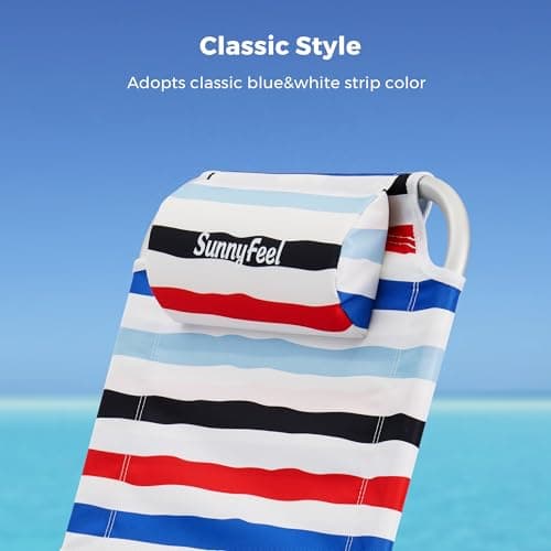 SUNNYFEEL Portable Beach Chair, Folding Low Back Beach Chair, Lightweight Camp Chair with Reclining Position, Backpack Lounger for Beach, Camping, Lawn, Outdoor, Red Blue White Striped, 2 Pack - Thumbnail 4