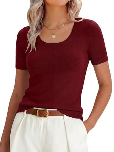 ANRABESS Womens Short Sleeve Sweaters Wool Blend Summer Scoop Neck Casual Business Knit Shirts Slim Fit Work Tops Outfits Wine Red Medium - Image 1