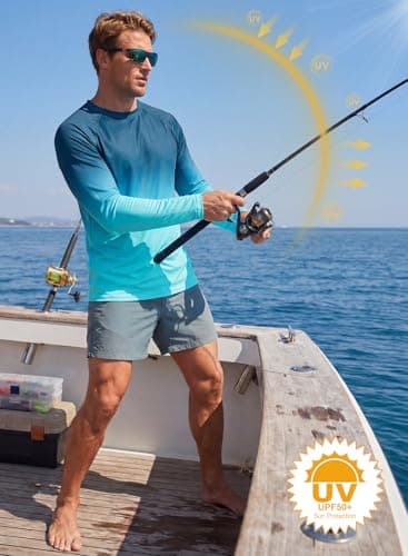 XiaoMoSha Men's Sun Protection Long Sleeve Shirts UPF 50+ Rash Guard Swim T-Shirt Quick Dry Fishing Hiking Running Top Outdoor Lightweight Athletic UV Sports Shirt Large Blue Green Gradient - Thumbnail 3