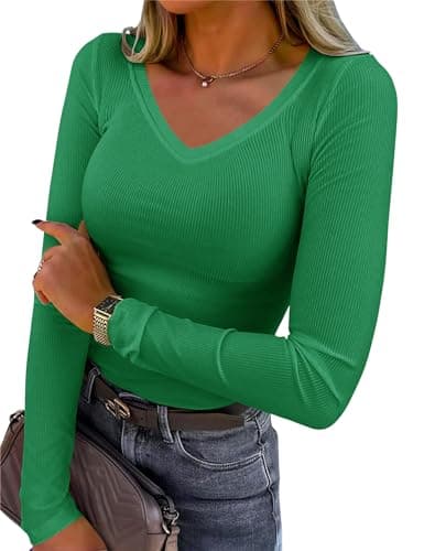 Chulianyouhuo Women's V Neck Ribbed Knit Tops Long Sleeve Slim Fitted T Shirts Casual Basic Tee Tops 2025 Green - Image 1