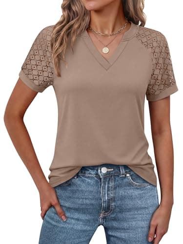 ANRABESS Womens Short Sleeve V Neck Shirts Lace Dressy Casual Blouse 2026 Summer Business Work Tops Vacation Trendy T-Shirts Light Khaki Small