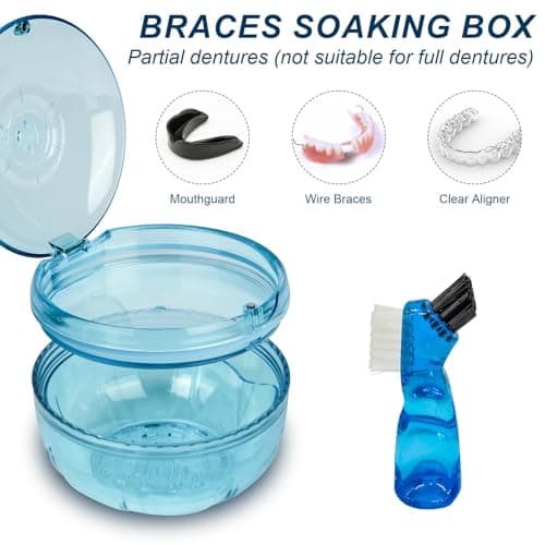 ACSKD Retainer Cleaning Case,Portable No-Leak Denture Cup Case with Dentures Brush Kit, Travel Retainer Cases with Vent Holes for Clear Aligner,Mouth Guards,Night Guard,Dentures (Blue) - Thumbnail 3