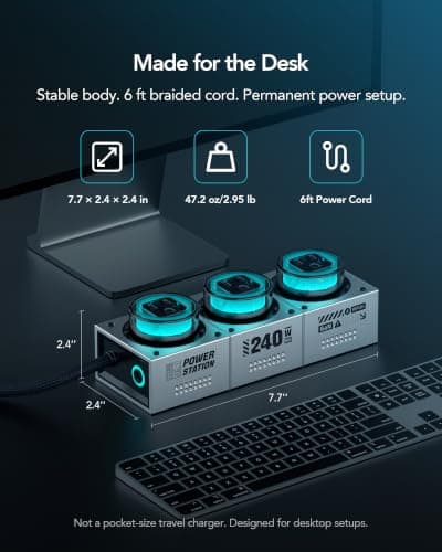 MFish 240W GaN Desktop Charging Station - RGB Gaming Power Hub with PD 3.1 Fast Charging, 7-in-1 Multi-Device Charger (3 AC Outlets + 4 USB-C Ports) for MacBook Pro, Gaming Setup & Creator Workstation - Thumbnail 6