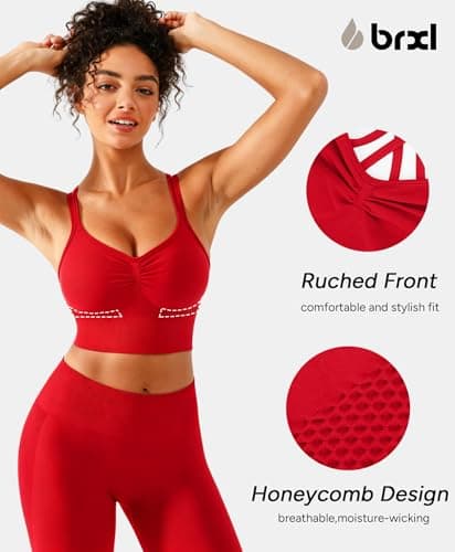 BRXL Lycra Strappy Ruched Sports Bra for Women Breathable Seamless Criss Cross Back Light Support Padded Bras Exercise Yoga Red S - Thumbnail 4