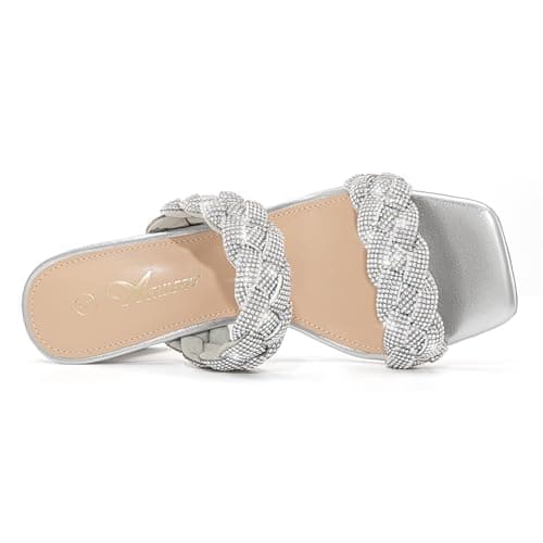 Athlefit Women's Braided Heels Square Toe Strappy Braided Sandals Slides Slip On Woven Block Silver Heels Size 6.5 - Thumbnail 5