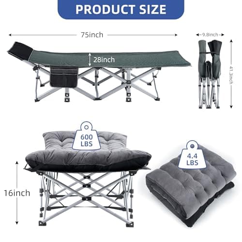 Fragess Camping Cot, Sleeping Cots for Adults, Portable Camping cots with Mattress, Pillow and Carry Bag, 1200D Double Layer Oxford, 600 LBS Weight Capacity Cots for Sleeping(Grey+Black) - Thumbnail 5