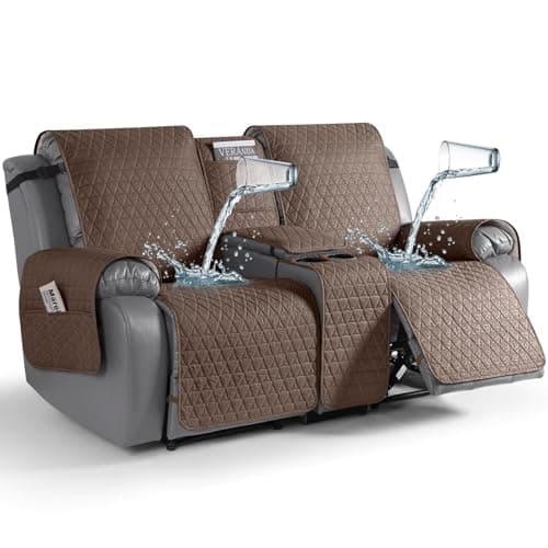 TAOCOCO 100% Waterproof Loveseat Recliner Covers with Console, Non Slip Recliner Covers that Stay in Place, Split Seat Design Washable Reclining Loveseat Cover with Elastic Straps, Brown - Image 1
