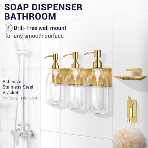 KLL Shampoo and Conditioner Dispenser - 3 Soap Dispenser Bathroom Wall Mount No Drill, Soap Holder, Hook - Refillable Shower Dispenser Pump Bottle for Bathroom Shower Accessories (Transparent) - Thumbnail 2