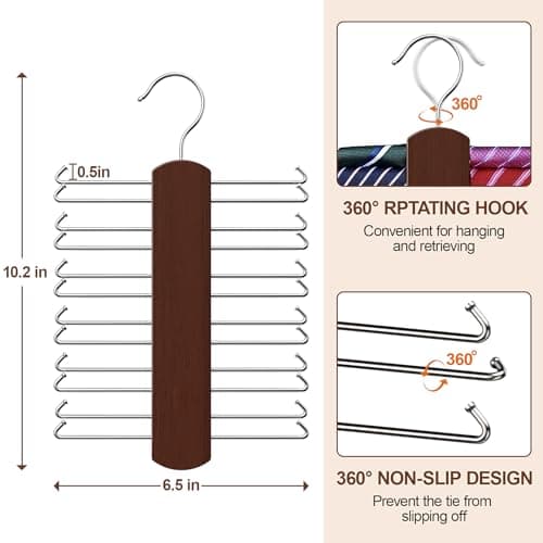 2 Pack Tie Hanger with 48 Hooks, Large Capacity Tie Rack for Closet Organizers and Storage,Space Saving Wooden Necktie Hanger for Men - Thumbnail 3