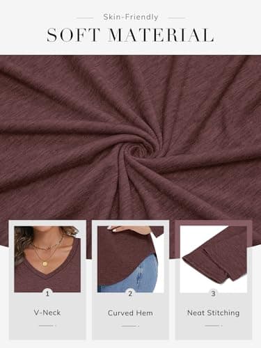 ATHMILE Womens 2026 Fall Long Sleeve Shirts Basic Apparel Shirts Trendy V Neck Tshirt for Women Curved Hem Tops Z-Wine Red - Thumbnail 4