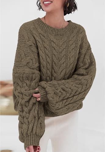 PRETTYGARDEN Womens Sweaters Spring 2026 Cable Knit Long Sleeve Crewneck Oversized Sweater Chunky Pullover Loose Outfits (Brown Coffee, Small) - Thumbnail 3