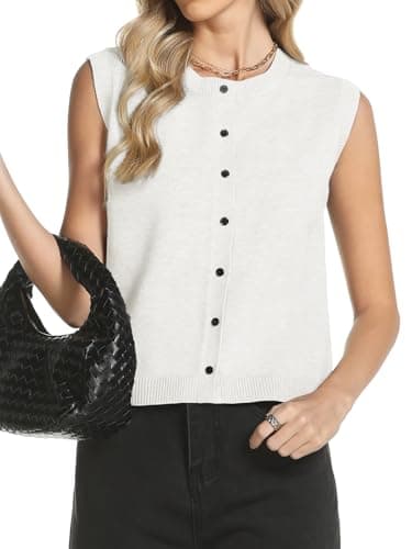 COCCKO Womens Sweater Vest Sleeveless Cardigan Button Up Crew Neck Summer Lightweight Knit Tank Top White - Thumbnail 5