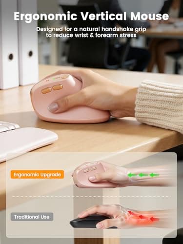 SABLUTE MAM3 Ergonomic Mouse, Rechargeable Wireless Vertical Mouse with 4 Adjustable DPI for Small/Medium Hands, Dual-Device Connectivity for Computer/PC/Laptop,Bluetooth Mouse for Window,Mac OS,Pink - Thumbnail 2