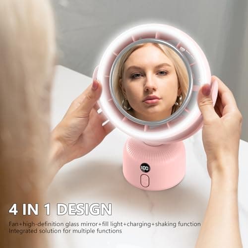 Sunytee 6000mah Rechargeable table Fan, Portable Fan with LED Makeup Mirror 5-Speed Quiet Cooling Fan|3 Level Dimming led vanity mirror with light fan | USB-Powered For Home/Office/Kitchen (Pink) - Thumbnail 4