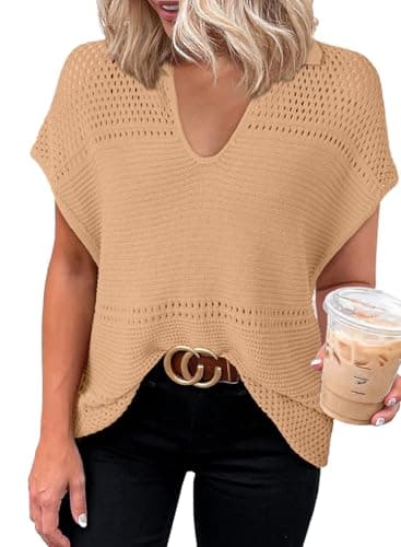 Dokotoo Womens Fashion 2026 Summer Spring V Neck Crochet Knit Short Sleeve Sweater for Womens Dressy Casual Blouses Tunic Tops Business Casual Outfits Brown Tops for Women Trendy XXL - Image 1
