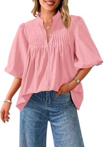 PRETTYGARDEN Women's 2026 Summer Short Lantern Sleeve Tops Loose Fit Button Down Shirt Pleated V Neck Blouses Trendy Clothes (Pink,Medium) - Image 1