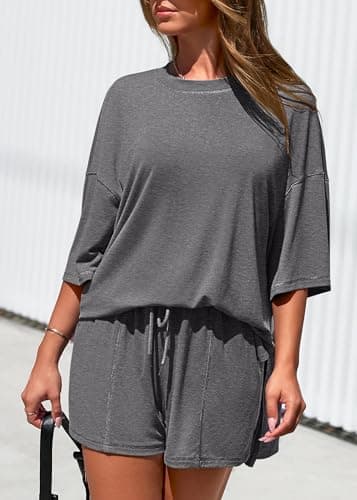 KIRUNDO 2 Piece Sets for Women Summer Lounge Sets Casual Oversized Tshirts Shorts Matching Airport Travel Outfits Postpartum(Dark Grey, X-Large) - Thumbnail 6