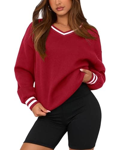 PRETTYGARDEN Women's Oversized Sweatshirts Casual Long Sleeve Stripes Knit V Neck Pullover Top Spring Preppy Clothes(Red,Large) - Image 1