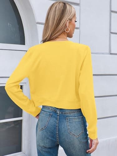 Heymoments Women Cropped Cardigan Bolero Shrug Yellow Large Button Down Long Sleeve Crewneck Casual Business Ladies Open Front Knit Lightweight Coat Fall Tops Sweater for Dresses Jean - Thumbnail 5