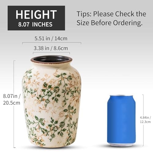 Ceramic Flower Vase | Farmhouse Green Rustic Vase for Home Decor, Vintage Floral Pottery Tuscan Decorative Vase for Living Room & Kitchen, Mantel & Bookshelf, Centerpieces, Entryway, Wedding(7.8 Inch) - Thumbnail 3