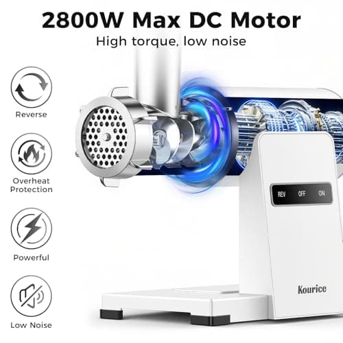 Kourice Electric Meat Grinder for Home Use, 2800W Peak Power, Heavy Duty Metal Body with Auto-Reverse, 2 Blades & 3 Grinding Plates, Sausage Stuffer & Kibbeh Kit, Easy Clean, White - Thumbnail 2