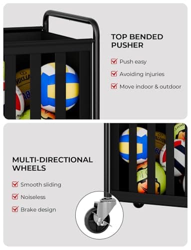 StorageWorks Ball Storage with Wheels, Ball Cart for Garage, Garage Sports Equipment Organizer with Hooks, Balls Organizer for Basketball, Football, Volleyball - Thumbnail 4