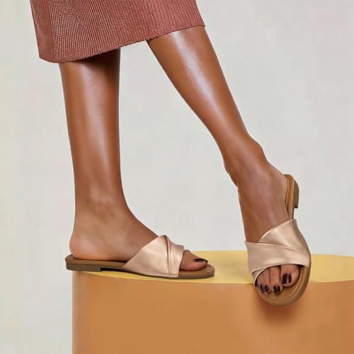 ATHMILE Sandals Women Dressy Summer Flat Comfortable Fashion Beach Cute Ladies Slides Leather Casual Dress Women's Sandals 2025 Gold Size 7 - Thumbnail 3
