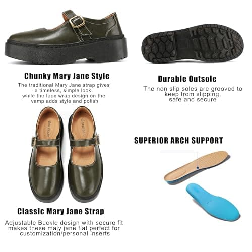 BEAUSEEN Women's Mary Jane Shoes with Platform Sole - Comfort Round Toe Strap Ballet Flats for Women - Chunky Heel Dress Flats Olive,11 US - Thumbnail 6