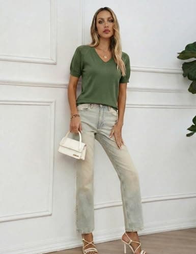 LaGracia Puff Short Sleeve Sweater for Women Summer Puff Sleeve Sweater Tops Spring V Neck Cauasl Dressy Shirts Cute 2026 Army Green S - Thumbnail 5
