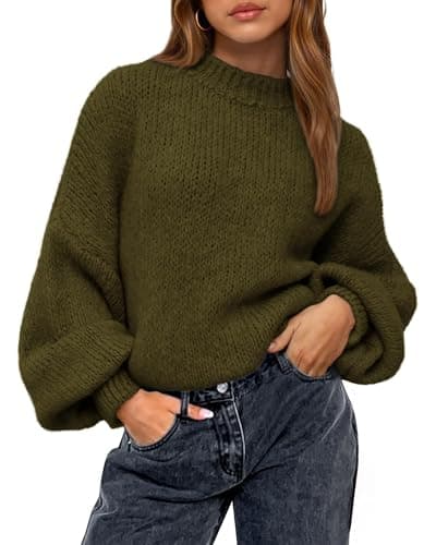 BTFBM Sweaters for Women Fall 2026 Crew Neck Lantern Long Sleeve Oversized Sweater Casual Knit Winter Pullover Tops(Army Green, XX-Large) - Image 1