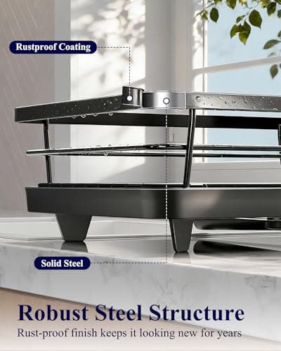 Kitsure Dish Drying Rack for Kitchen Counter, Stainless Steel Sink Organization and Storage Essentials with Cutlery Holder, Home and Appartment Decor, 12''W x 15.5''L, Black - Thumbnail 6